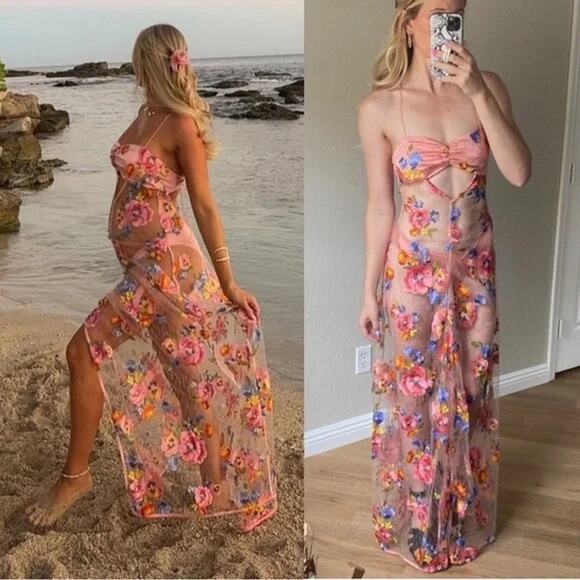 For Love and Lemons maxi dress floral embroidery sheer Medium - Picture 5 of 15